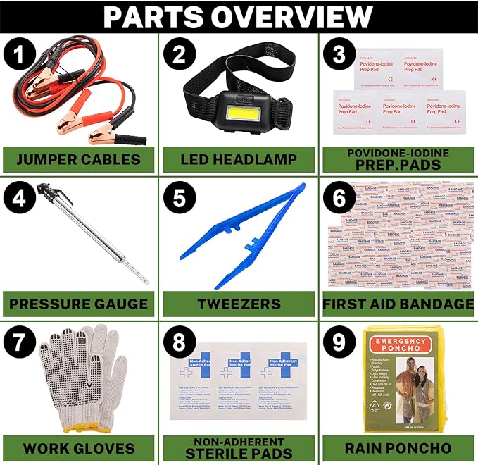 Car Roadside Emergency Kit with Battery Jumper Cables,Car Accessories for Men or Women,Automotive Safety Kit for Car,Vehicle,