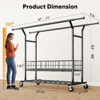 HOKEEPER Heavy Duty Clothes Rack Load 635 LBS, Clothing Rack for Hanging Clothes, Adjustable Black Double Rod with Metal Bask