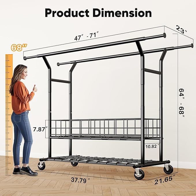 HOKEEPER Heavy Duty Clothes Rack Load 635 LBS, Clothing Rack for Hanging Clothes, Adjustable Black Double Rod with Metal Bask