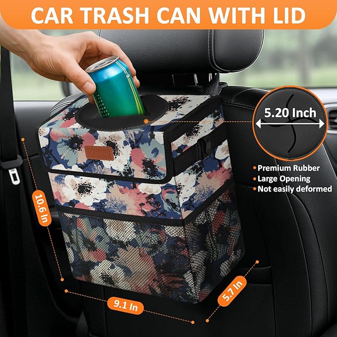 Car Trash Can for Car Cute, Trash Bag Bin Hanging Waterproof Automotive Garbage Cans Leak Proof Vehicle Trash Can Painting Floral