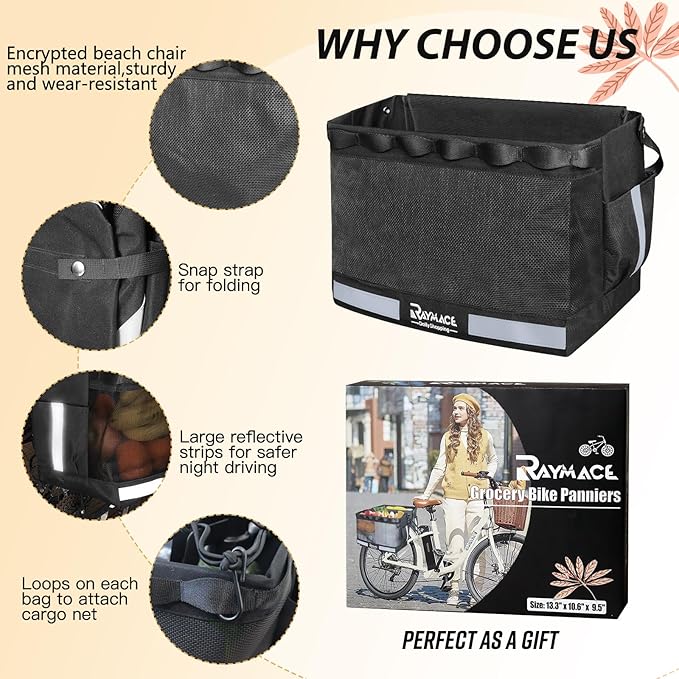 RAYMACE 2Pack Bike Grocery Panniers for Bicycles and Ebikes,Bike Rack Bags with Reflective Spots and Side Pockets,Folding Bike Basket Fits for Most Rear Racks (Black)
