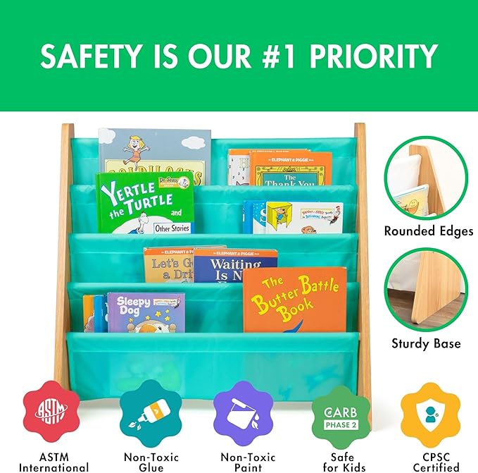 Humble Crew 4-Tier Kids Bookshelf, Natural Wood/Seafoam Green - Premium Book Shelf for Kids Rooms with Four Deep Pockets - To