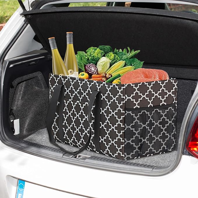 GhvyenntteS Extra Large Utility Tote Bag - Stand Up Utility Tote with Metal Wire Frame & Hard Bottom Board, Reusable Grocery Bags With Handles for Storage, Picnics, Beach, Pool, Laundry, Car, Camping