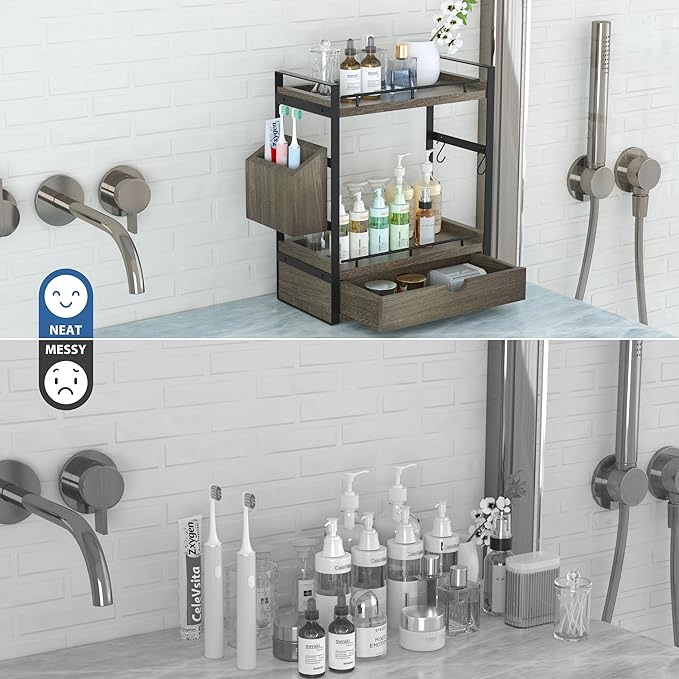 2-Tier Wood Bathroom Counter Organizer, Countertop Organizer with Drawer and Storage Basket, Bathroom Sink Organizer for Vani