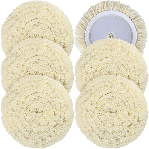 6 PCS Wool Buffing Polishing Pads - 8 Inch Natural Wool Cutting Pads with Hook and Loop Backing Compound & Polishing for Automotive Car Boats Glass Furniture Repair