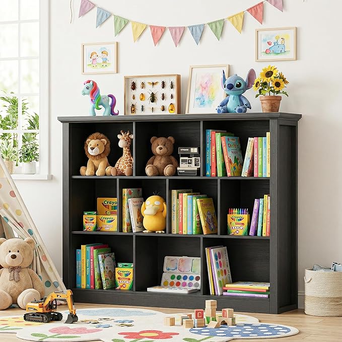 Unikito 10 Cube Storage Book Shelf - 50" Wide Wood Cube Storage Organizer, Wooden 3 Tiers Floor Standing Low Bookcase for Liv