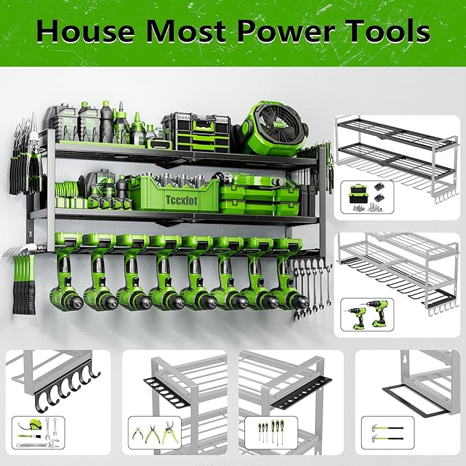 Power Tool Organizer - 3 Layer 8 Drill Holder Wall Mount, Storage Rack for Garage Organization, Large Tool Shelf, Gifts for H