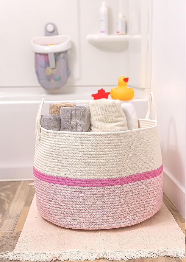 OrganiHaus Large Woven Storage Basket for Blankets and Toys 20" x 13" Inch, Rope Laundry Basket with Handles, Cushions & Pill