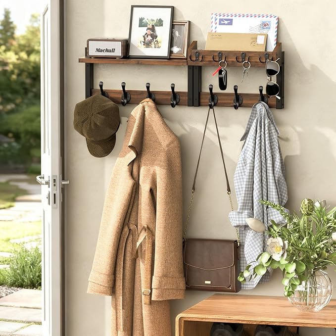 29'' Rustic Coat Rack Wall Mount with Shelf, Solid Wood Coat and Key Hanger with 11 Metal Hooks, Farmhouse Wall Organizer for