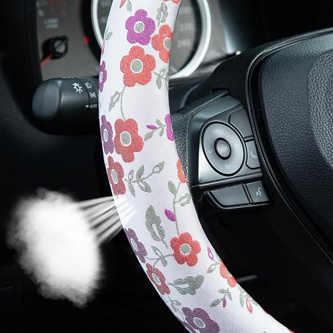 Colorful Flowers Steering Wheel Cover Auto Jacquard Steering Wheel Protector, Anti-Slip, Breathable, Absorbing Sweat, Universal Car Accessories 14.5–15 inch,Fit for Most Car, Trucks, SUV
