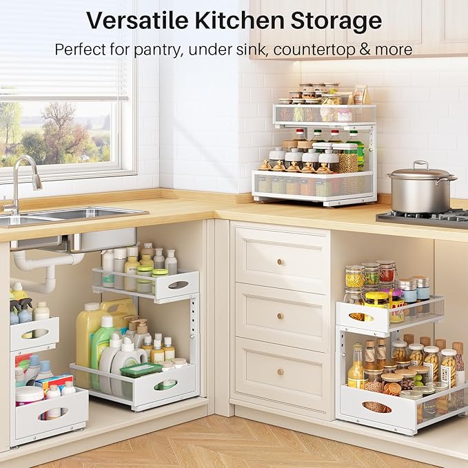 Under Sink Organizer, 2 Tier Pull Out Under Cabinet Organizer Shelf with Pad for Framed Cabinets, Metal Slide Out Under Sink 