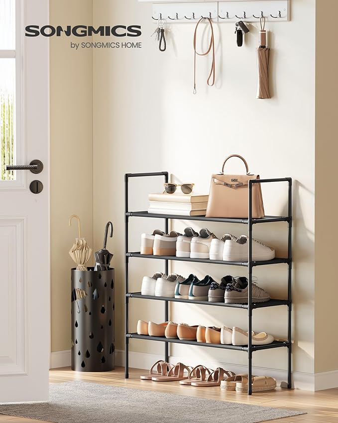 SONGMICS 4-Tier Shoe Rack, Shoe Storage for Hallway Closet, Slim and Space-Saving, Metal Frame, Non-Woven Fabric Shelves, Bla