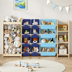 EXPERLAM 3-in-1 Toy Storage Organizer, Stuffed Animal Holder & 3-Tier Bookcase, Solid Wood Toy Organizer with 12 Storage Bins