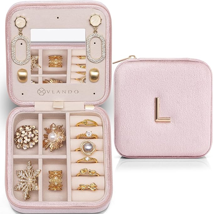 Vlando Travel Jewelry Case for Women Girls, L Initial Travel Jewelry Case, Personalized Mini Jewelry Box, Birthday Gifts for 