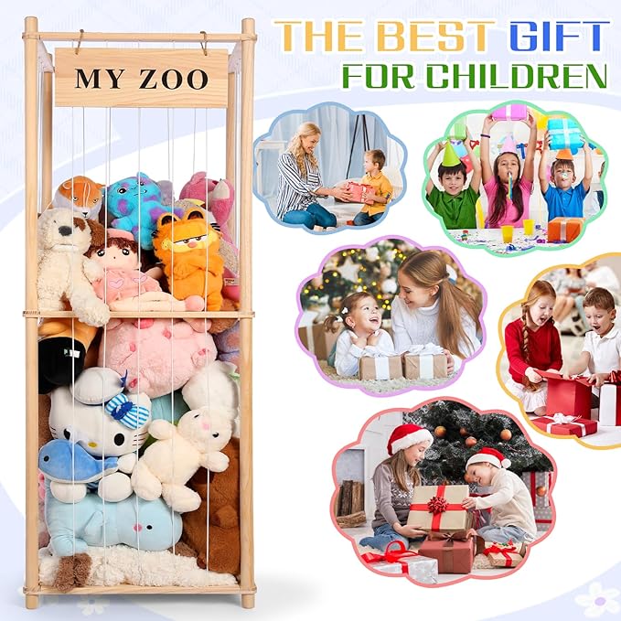 GLDZI Stuffed Animal Storage Zoo, Wooden Stuffed Animal Organizer with Elastic Cords for Boys Girls, Space Saving Toy Plushie