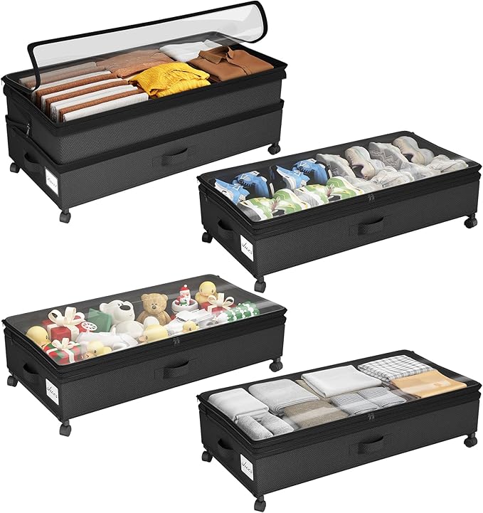 Kitstorack 4 Pack Height-adjustable Under Bed Storage with Wheels, Under Bed Storage Containers,Under Bed Shoe Storage Organi