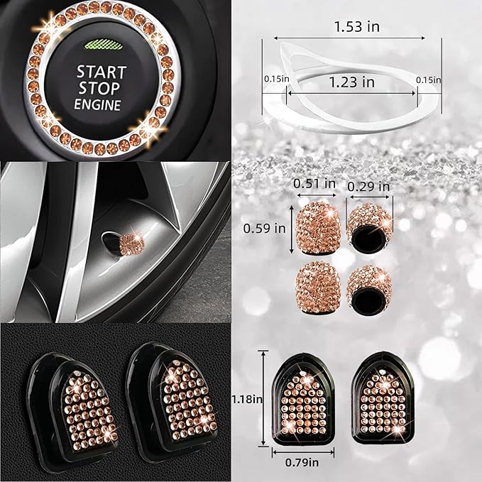 NBTEPEM 30 Pcs Bling Car Accessories Set for Women, Steering Wheel Cover Set, Bling Console Cover, Seat Belt Cushion, Shift Knob Cushion, Cup Coaster, Rhinestone Car Hanging Accessories (Champagne)