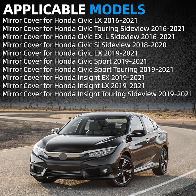 Driver Side Mirror Cover Replacement for Honda Civic 2016-2021, Insight 2019-2021 - Left Side Mirror Covers, Rear View Mirror Cap Black