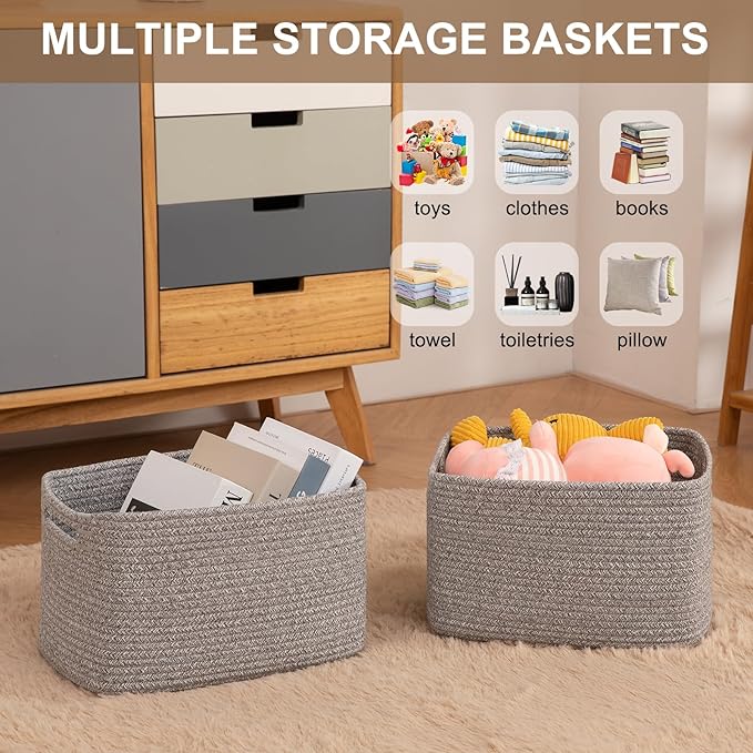 OIASKET Storage Baskets for Organizing, Woven Decorative Baskets for Shelves - Books, Towels, and Clothes, Cotton Rope Toy St