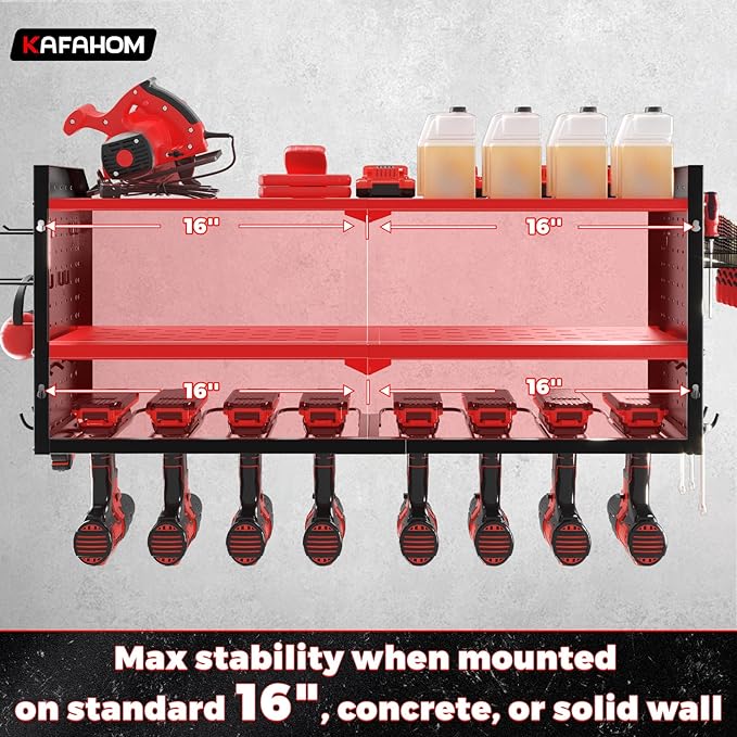 KAFAHOM Power Tool Organizer, Large 8 Drill Holder Wall Mount with 2 Side Pegboards, Heavy Duty Metal Tool Shelf with 12 Hook