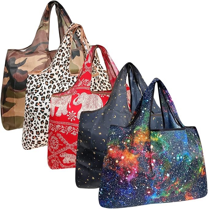allydrew Large Foldable Tote Nylon Reusable Grocery Bags, 5 Pack