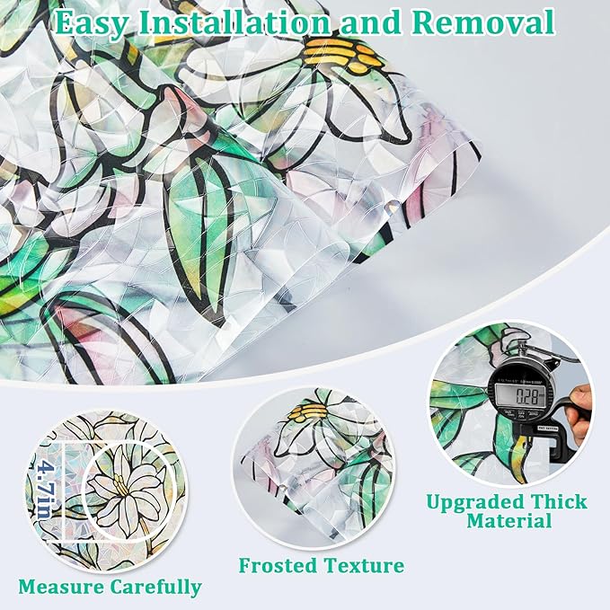 Coavas Static Cling Privacy Window Film, 96% UV & Heat Blocking, Stained Glass Window Film Floral Design, Non-Adhesive, for Bathroom, Front Door, Shower Enclosure‌(Vinyl, 23.6" x 78.7 ")