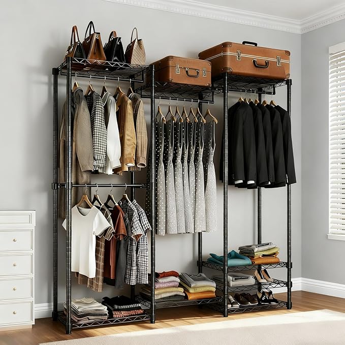 KAXIWEI Portable Closet Wardrobe – Heavy-Duty Freestanding Clothes Rack with 4 Hanging Rods & 8 Shelves, Adjustable Clothing 