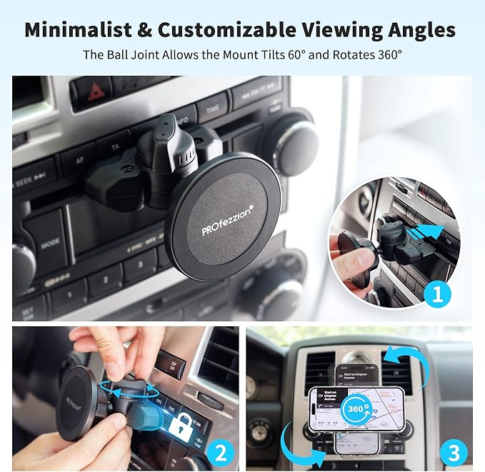 PROfezzion CD Slot & Vent Clip Combo Magnetic Phone Holder Compatible with MagSafe on Car CD Player Slot or Air Vent for iPhone 17 16 15 14 13 12 Pro Max Plus, Mag-Safe Case & All Phones