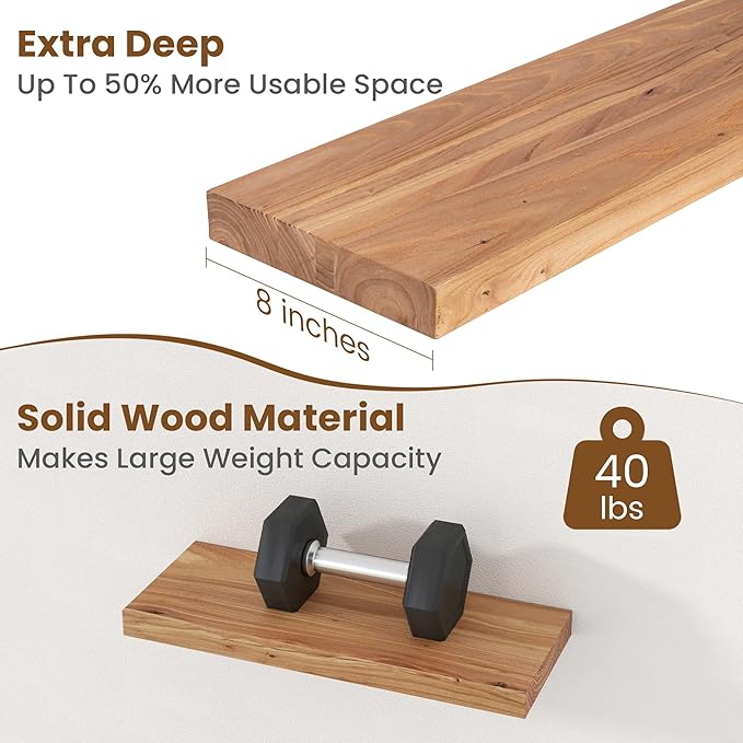 Floating Shelves for Wall Decor, 8" Deep Rustic Solid Elm Wood Floating Shelves Wall Mounted, Wall Shelves with Invisible Bra