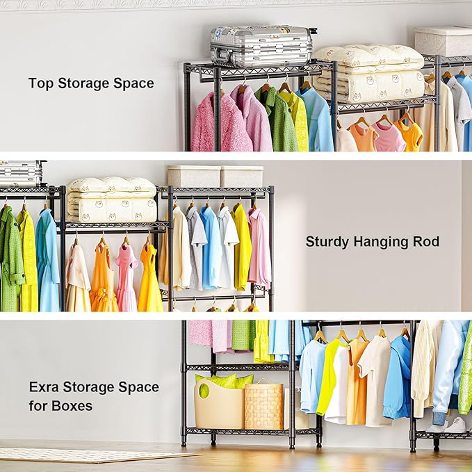 M MZG Heavy Duty Rolling Garment Rack 6 Tiers Adjustable Wire Shelving Clothes Rack with Rods Storage Closet Clothing Rack Bl