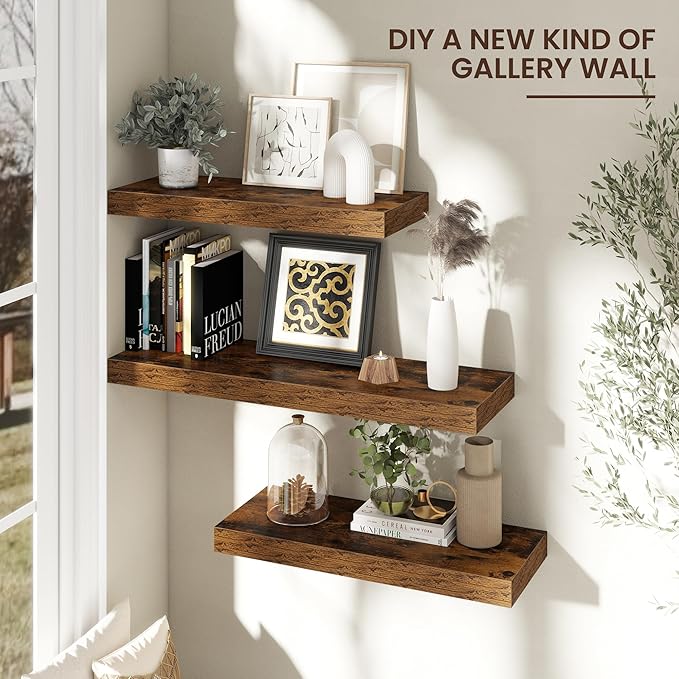 Floating Shelves for Wall, 30" W x 12" D x 2" H, 2 Pack of Long Wall Mounted Engineered Wood Shelves with Invisible Brackets 