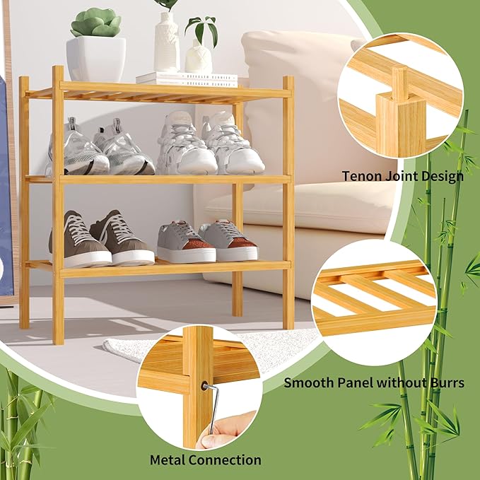 ROMGUAR CRAFT 3-Tier Bamboo Small Shoe Rack, Free Standing Wood Shoe Shelf Storage Organizer for Closet Entryway Stackable (N