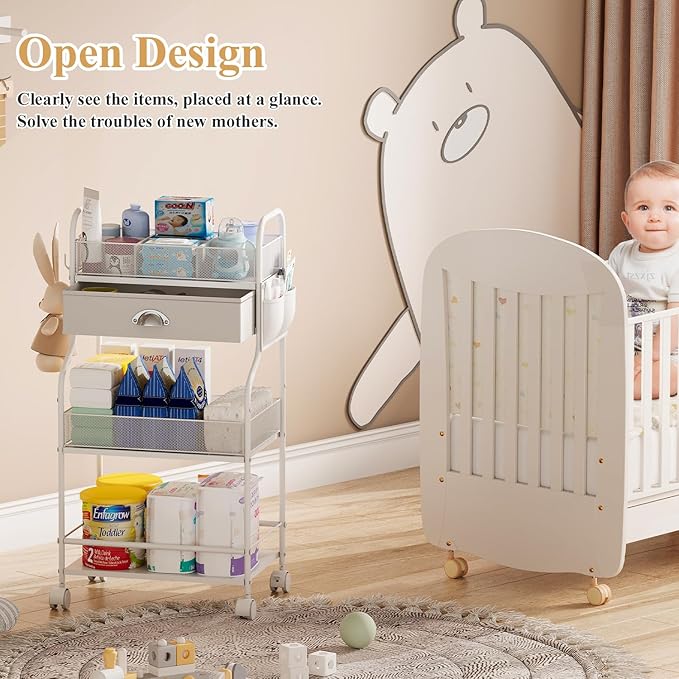 Baby Diaper Caddy Cart Organizer -3 Tier, Bedside Nursery Essentials Organizer & Storage Holder for Newborn Baby Stuff, 2+1 D