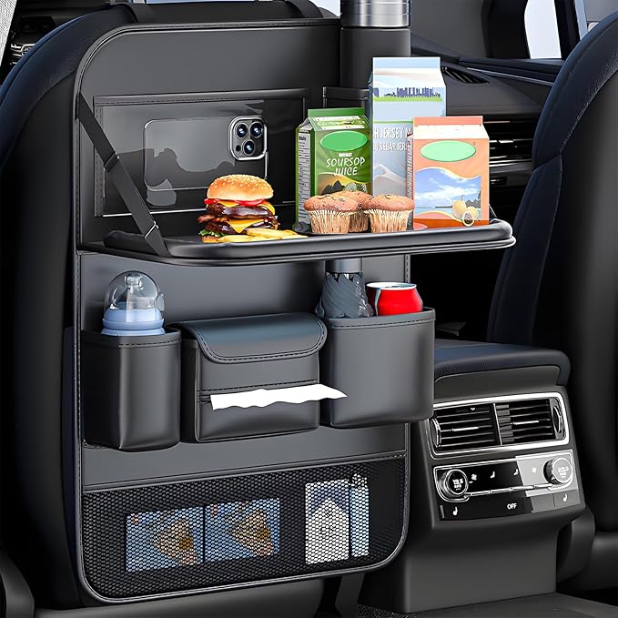 Universal Foldable Car Backseat Organizer with Table Tray, Car Seat Back Protector with Touch Screen Phone Holder, Premium Leather Kick Mats with Storage Pockets Tissue Holder (Black)