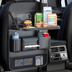 Universal Foldable Car Backseat Organizer with Table Tray, Car Seat Back Protector with Touch Screen Phone Holder, Premium Leather Kick Mats with Storage Pockets Tissue Holder (Black)