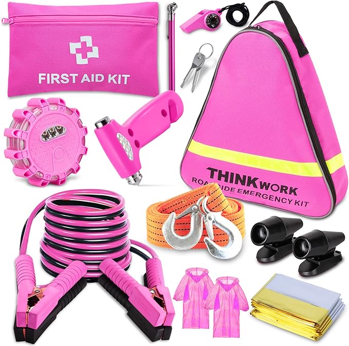 THINKWORK Car Emergency Kit for Teen Girls and Lady's Gifts, Pink Emergency Roadside Assistance Kit with 10FT Jumper, First A