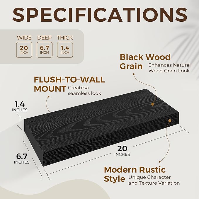 Dreamland 20 Inch Long Floating Shelves in Black,6.7 Inch Deep Floating Shelf for Wall,Large Display & Storage Shelf, Wall Sh