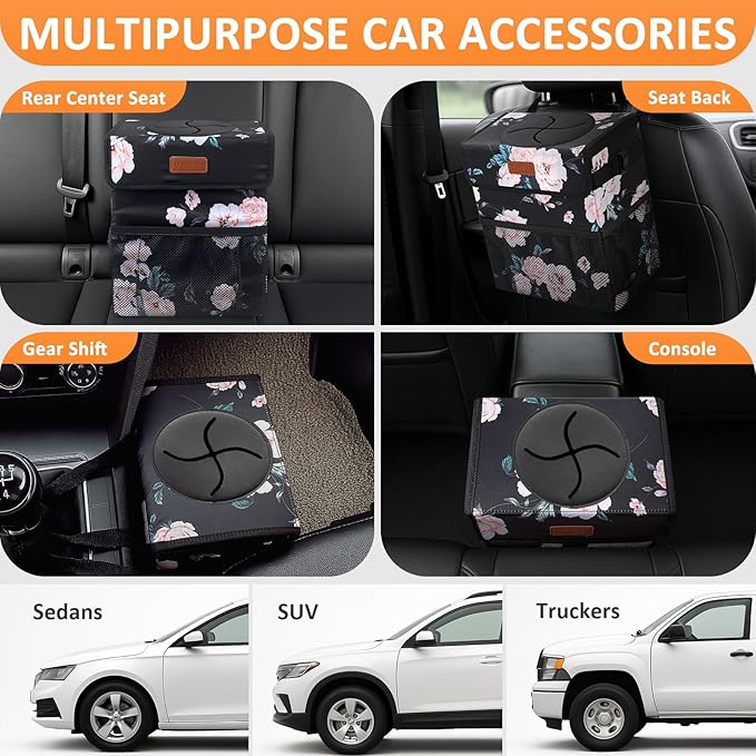 3 Gallons Car Trash Can with Lid, Car Bag Bin Hanging Waterproof Automotive Garbage Cans Leak Proof Vehicle Trash Can Black Floral