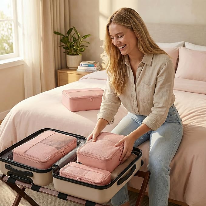 4 Piece Compression Packing Cubes for 3–7 Day Travel, Lightweight Travel Organizers with Breathable Mesh, Double-Zipper Packi