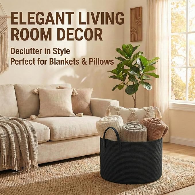 JMvicyroam 65L Extra Large Blanket Basket for Living Room - Woven Cotton Rope Laundry Hamper with Reinforced Handles - Storag