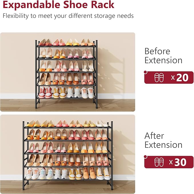 Tajsoon Expandable Shoe Rack for Closet 5 Tier, 29“-41“Adjustable & Stackable Shoe Shelf Storage, Metal Shoe Rack Organizer f