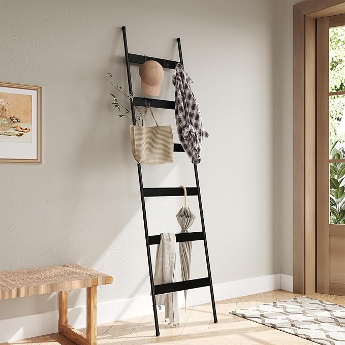 ELYKEN Blanket Ladder for Living Room, Farmhouse 6-Tier Quilt Holder with 4 Removable Hooks for Bathroom, Wood Towel Rack Dis