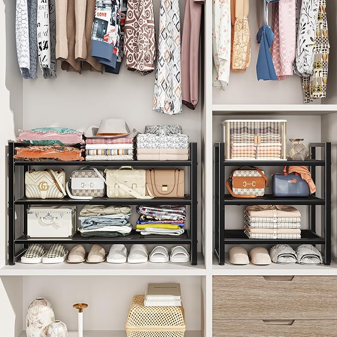 Simple Trending 3-Tier Expandable Shoe Rack, Adjustable & Stackable Shoe Organizer, Metal Mesh Free Standing Shoe Shelf Stora