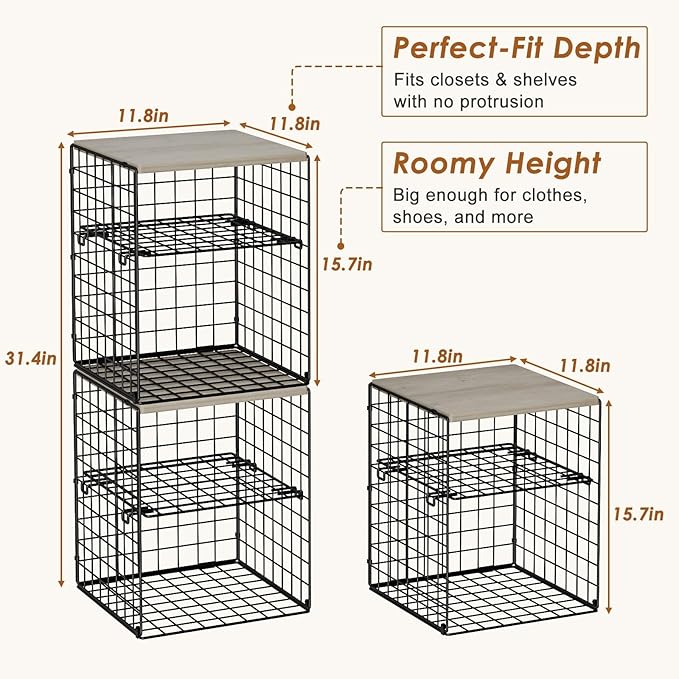 4-Tier Stackable Closet Organizers and Storage, Adjustable Dividers & Wood Top Storage Shelves for Clothes, Wardrobe & Closet