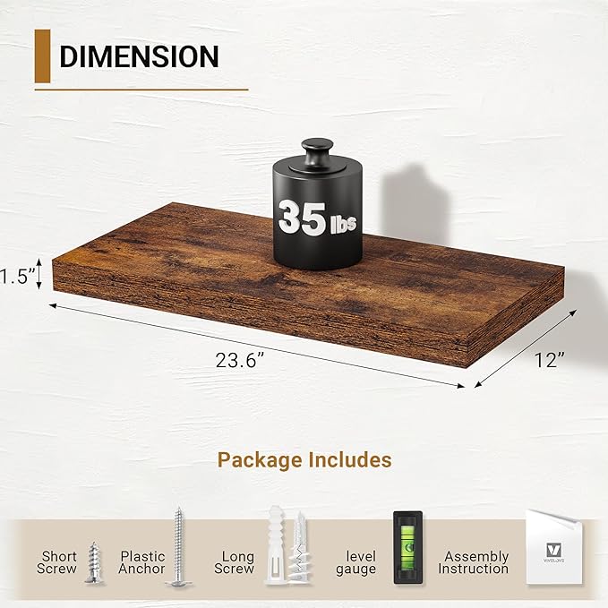 Vivelove 12 Inch Deep Floating Shelves for Wall, 24x12 Long Wall Shelves with Invisible Brackets, for Living Room Bedroom Bat