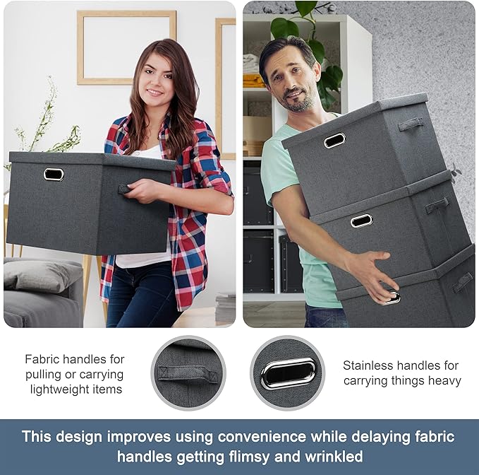 Graciadeco Large 17" 36 Quart Collapsible Stackable Storage Bins with Lids, 5 Packs Dark Gray Foldable Fabric Closet Storage 