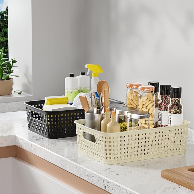 FUCDTEFC Black Plastic Basket, 8 Pack Home Organization and Storage Baskets with Handles, Space Saving Woven Organizer Bins P