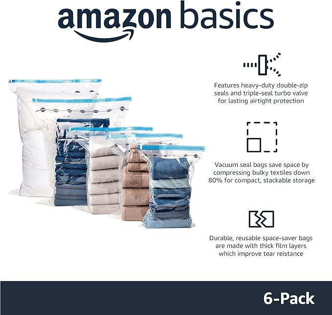 Amazon Basics Vacuum Storage Bags for Clothing, Multiple Sizes Compression Zipper Bags with Hand Pump for Space Saving and Tr
