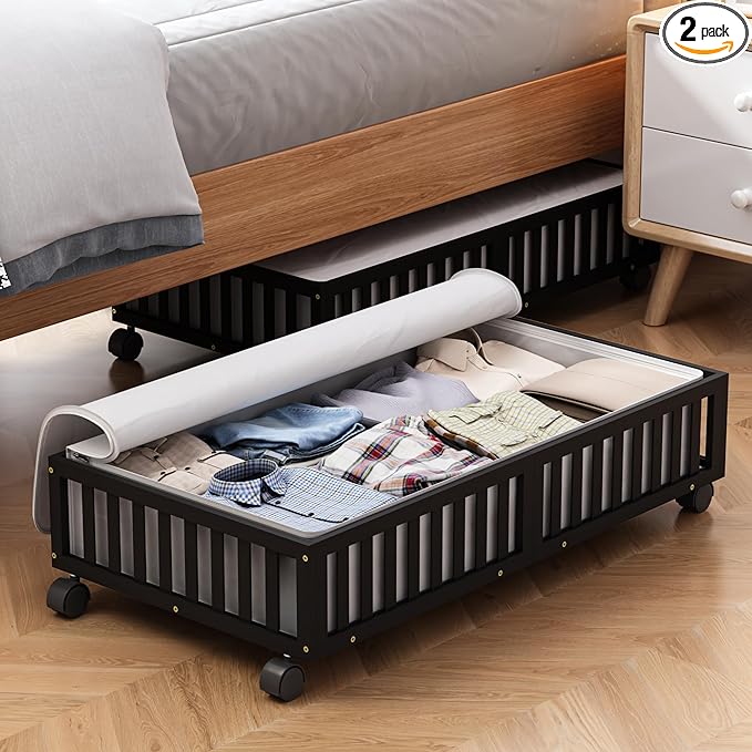 Bamboo Under Bed Storage Containers with Wheels, 2 Pack Large Under the Bed Shoe Storage Bins, Wood Rolling Underbed Drawers 