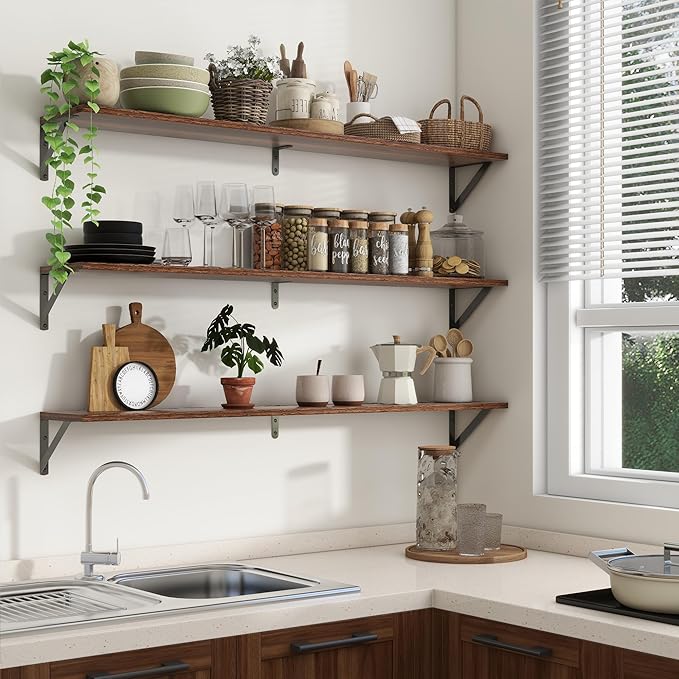 Axeman 48 Inch Floating Shelves | 8 Inch Deep Walnut Wall Shelves Set of 2 | 47.3W x 8D Rustic Wood Shelves for Bookshelf Liv